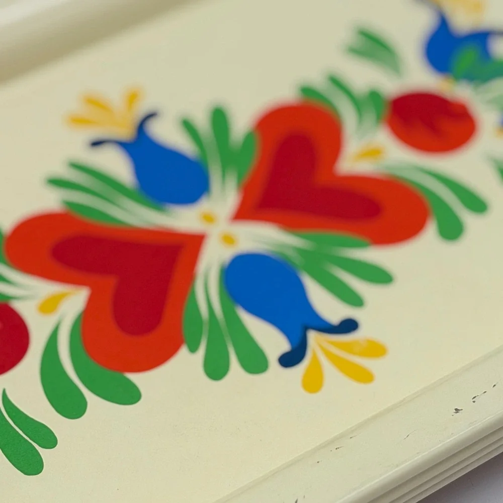 Vintage Scandinavian Folk Art Metal Trays Set of 4 Hearts Tulips Rosemaling MCM